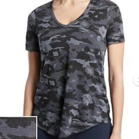 Athleta Breezy V-neck T-shirt, Black & Gray Camo Print, Size XLT - Picture 1 of 5